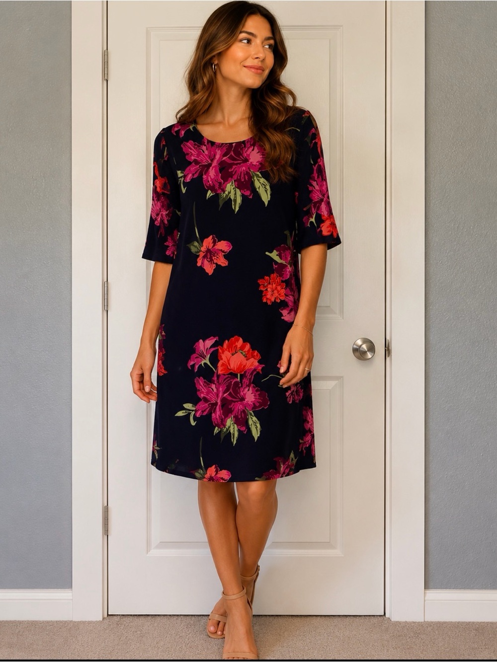 Navy Floral Midi Dress with Pink & Red Blooms
